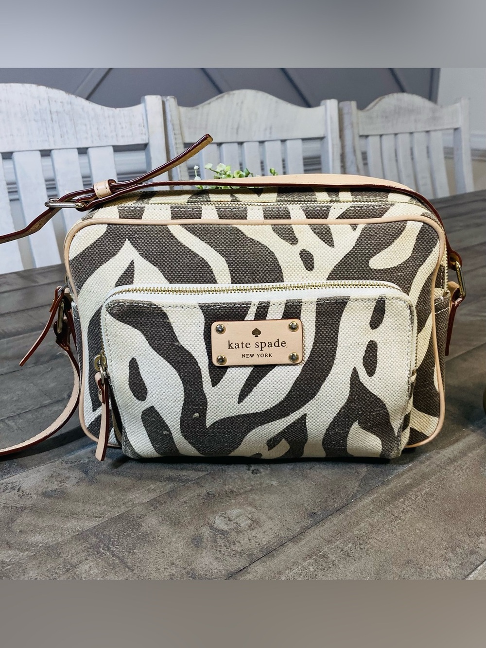 kate spade Zebra Print Canvas Crossbody Bag in Cream and Brown